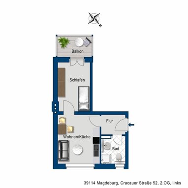 Wohnung zur Miete 214,08 € 1,5 Zimmer 33,5 m² 2. Geschoss Cracauer Str. 52 Siedlung Cracau Magdeburg 39114