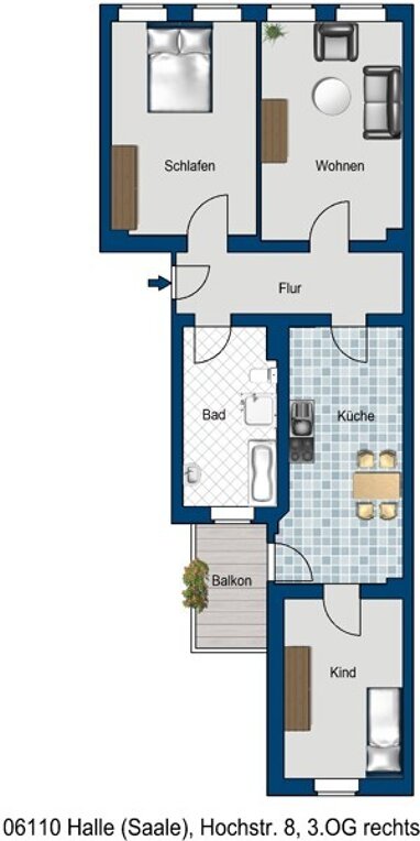 Wohnung zur Miete 700 € 3 Zimmer 80,9 m² 3. Geschoss frei ab 13.08.2024 Hochstr. 8 Südliche Innenstadt Halle (Saale) 06110