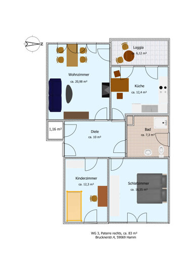 Wohnung zur Miete 630 € 3 Zimmer 83 m² Geschoss EG/2 Brucknerstr. 4 Statistischer Bezirk 32 Hamm 59069