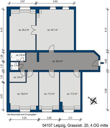 Bürofläche zur Miete provisionsfrei 1.586 € 5 Zimmer 144,1 m² Bürofläche Grassistr. 20 Zentrum - Süd Leipzig 04107