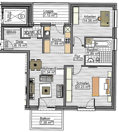 Wohnung zur Miete 1.110 € 3 Zimmer 89,2 m² 6. Geschoss Stadtmitte Neu-Ulm 89231