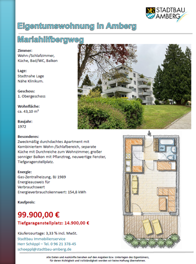 Apartment zum Kauf 99.900 € 1 Zimmer 43,1 m² 1. Geschoss Mariahilfbergweg Mariahilfberg Amberg 92224