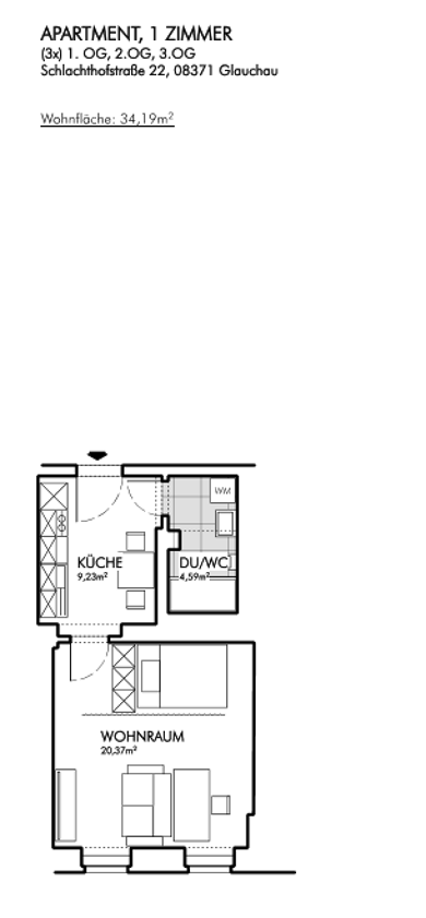 Wohnung zur Miete 274 € 1 Zimmer 34,2 m² 1. Geschoss Glauchau Glauchau 08371