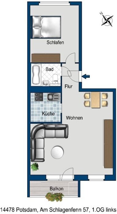 Wohnung zur Miete 456,49 € 2 Zimmer 54,7 m² 1. Geschoss Am Schlangenfenn 57 Waldstadt II Potsdam 14478