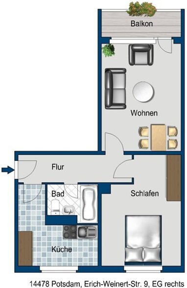 Wohnung zur Miete 407,74 € 2 Zimmer 50 m² Erich-Weinert-Str. 9 Waldstadt I Potsdam 14478
