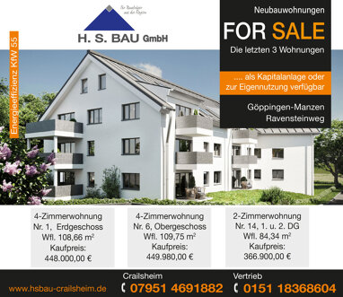 Terrassenwohnung zum Kauf Provisionsfrei 448.000 € 4 Zimmer 108,7 m² Erdgeschoss Ravensteinweg Manzen - Ursenwang - St. Gotthart Göppingen 73037