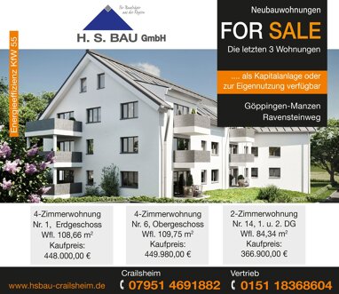 Wohnung zum Kauf Provisionsfrei 449.980 € 4 Zimmer 109,8 m² 1. Geschoss Ravensteinweg Manzen - Ursenwang - St. Gotthart Göppingen 73037