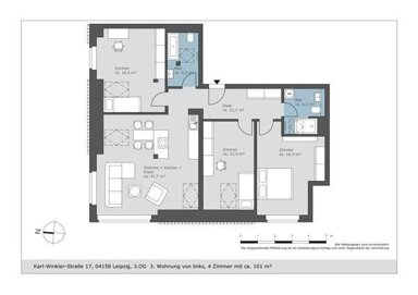 Wohnung zur Miete 1.258 € 4 Zimmer 100,6 m² 3. Geschoss Karl-Winkler-Straße 17 Lindenthal Leipzig 04158