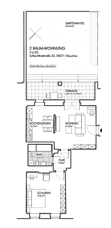 Wohnung zur Miete 540 € 2 Zimmer 66,6 m² EG Glauchau Glauchau 08371