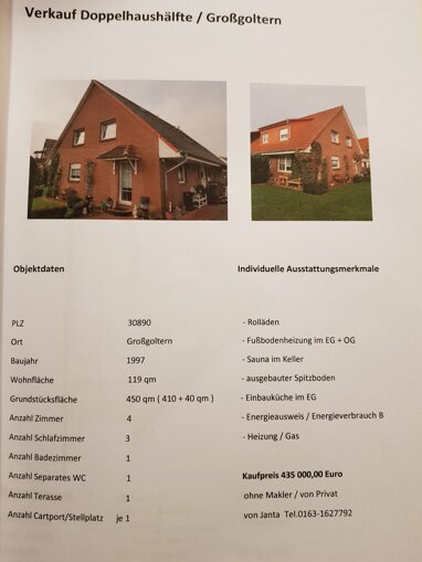 Doppelhaushälfte zum Kauf Provisionsfrei 435.000 € 4 Zimmer 119 m² 450 m² Grundstück Großgoltern Barsinghausen 30890