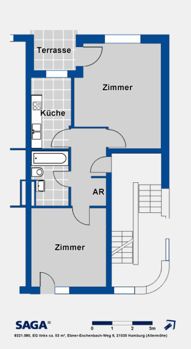 Wohnung zur Miete nur mit Wohnberechtigungsschein 357,57 € 2 Zimmer 53,2 m² Erdgeschoss Ebner-Eschenbach-Weg 6 Neuallermöhe Hamburg 21035