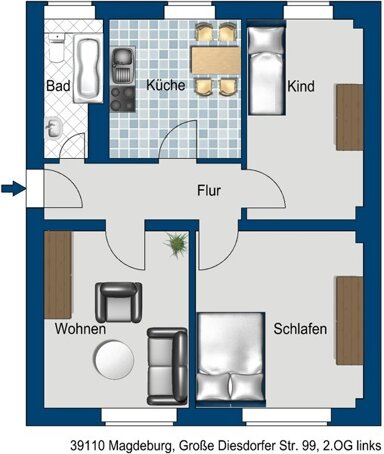 Wohnung zur Miete 390 € 3 Zimmer 59,9 m² 2. Geschoss frei ab 13.02.2025 Große Diesdorfer Str. 99 Westfriedhof Magdeburg 39110