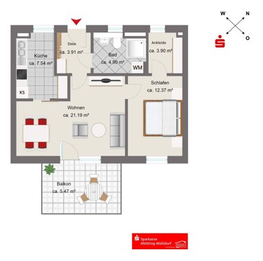 Wohnung zum Kauf Provisionsfrei 279.000 € 2 Zimmer 59,4 m² 2. Geschoss Burghausen Burghausen 84489