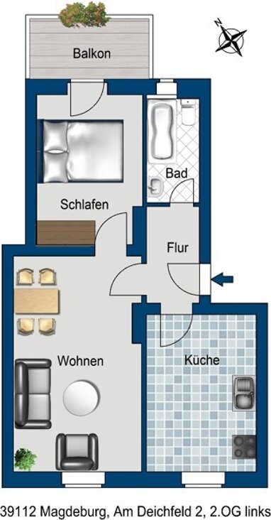 Wohnung zur Miete 318,50 € 2 Zimmer 49 m² 2. Geschoss Am Deichfeld 2 Insel Magdeburg 39112
