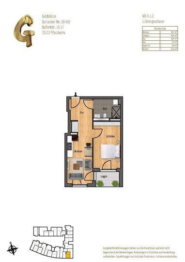Wohnung zur Miete 887 € 2 Zimmer 51,7 m² Weststadt - Stadtviertel 031 Pforzheim 75172