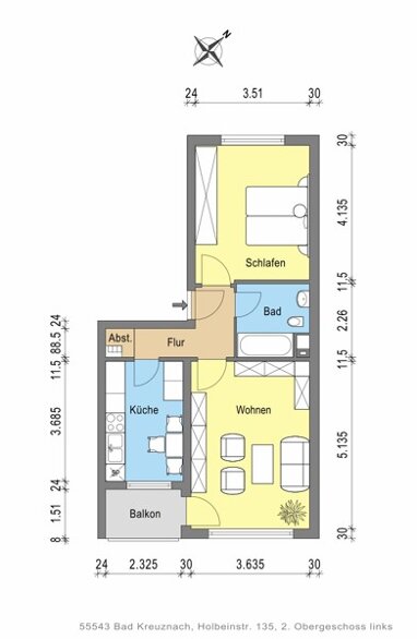 Wohnung zur Miete 523,91 € 2 Zimmer 51,8 m² 2. Geschoss Holbeinstr. 135 Bad Kreuznach Bad Kreuznach 55543