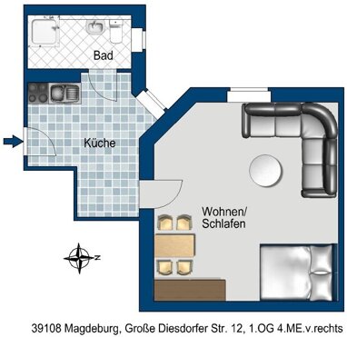 Wohnung zur Miete 278,56 € 1 Zimmer 34,4 m² 1. Geschoss Große Diesdorfer Str. 12 St. Pauli / Alexander-Puschkin-Straße Magdeburg 39108