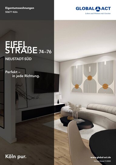 Wohnung zum Kauf Provisionsfrei 457.000 € 3 Zimmer 66,2 m² 5. Geschoss Eifelstraße 74-76 Neustadt - Süd Köln 50677