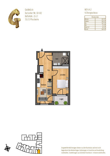 Wohnung zur Miete 937 € 2 Zimmer 52,1 m² 4. Geschoss Weststadt - Stadtviertel 031 Pforzheim 75172