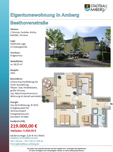 Wohnung zum Kauf 219.000 € 2 Zimmer 68,6 m² Erdgeschoss Beethovenstraße Eisberg Amberg 92224
