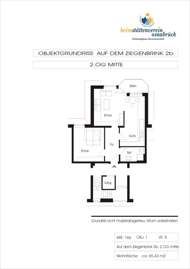 Wohnung zur Miete 536,53 € 2 Zimmer 65,4 m² 2. Geschoss Auf dem Ziegenbrink 2b Schölerberg 141 Osnabrück 49082