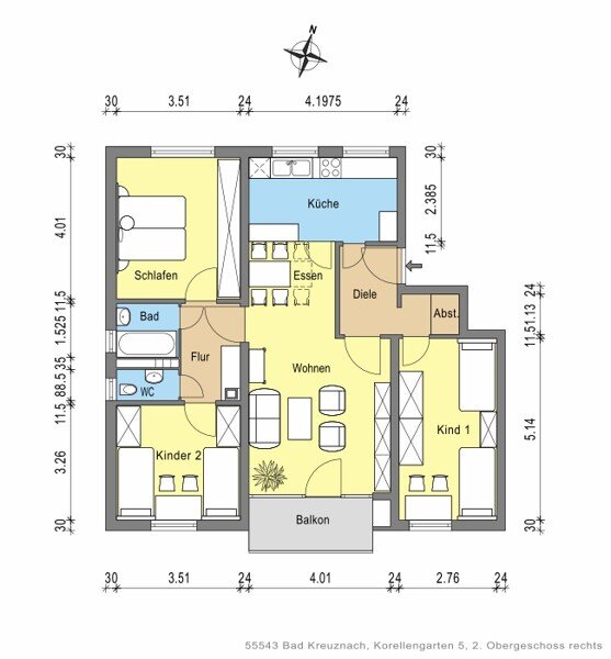 Wohnung zur Miete 569,78 € 4 Zimmer 88,8 m²<br/>Wohnfläche 2. Stock<br/>Geschoss 13.07.2024<br/>Verfügbarkeit Korellengarten 5 Bad Kreuznach Bad Kreuznach 55543