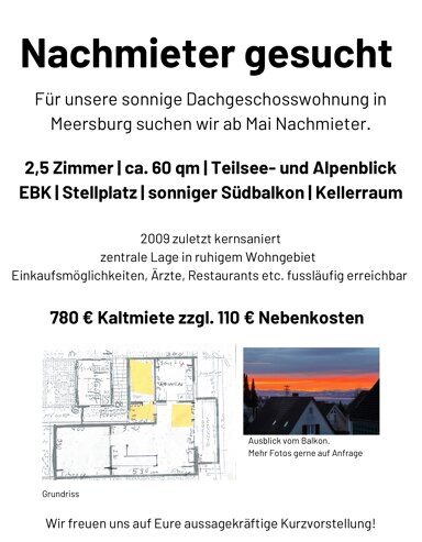 Wohnung zur Miete 780 € 2,5 Zimmer 60 m² Geschoss 4/4 Meersburg Meersburg 88709