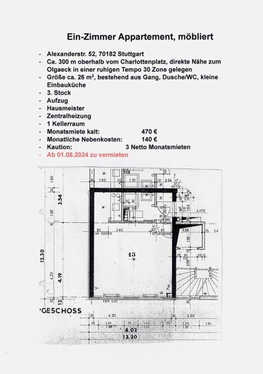 Apartment zur Miete 470 € 1 Zimmer 26 m² 3. Geschoss Heusteigviertel Stuttgart 70182