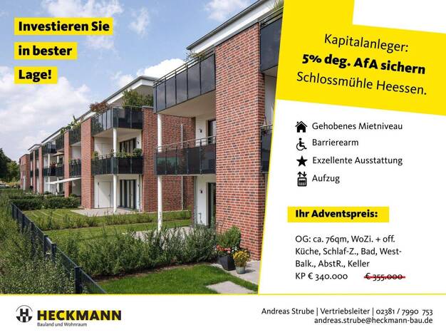 Wohnung zum Kauf - Neubau provisionsfrei 340.000 € 2 Zimmer 76,3 m² 1. Geschoss An der Schlossmühle 12 Heessen Hamm-Heessen 59073