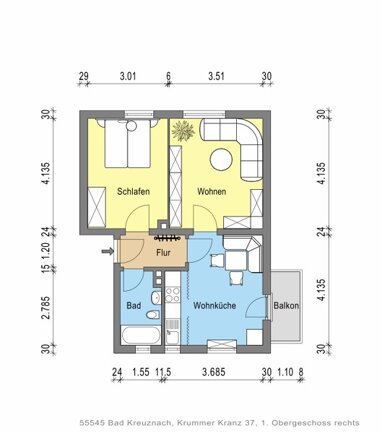 Wohnung zur Miete 425,79 € 2 Zimmer 47,3 m² 1. Geschoss Krummer Kranz 37 Bad Kreuznach Bad Kreuznach 55545