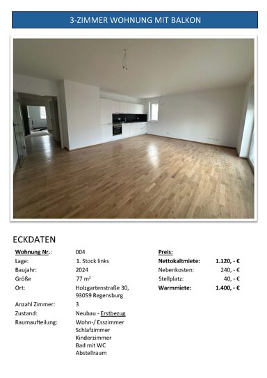 Wohnung zur Miete 1.120 € 3 Zimmer 77 m² Geschoss 1/2 Weichs Regensburg 93059