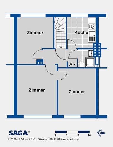 Wohnung zur Miete 427,70 € 3 Zimmer 51,5 m² 1. Geschoss Lüttkamp 116b Lurup Hamburg 22547