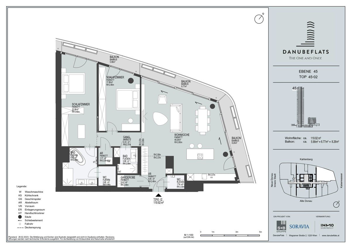 Wohnung zum Kauf 1.750.000 € 3 Zimmer 119,9 m²<br/>Wohnfläche 45.<br/>Geschoss Wien 1220