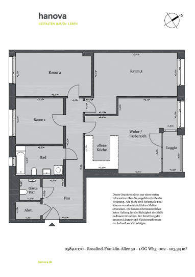 Wohnung zur Miete 1.194,61 € 4 Zimmer 103,3 m² 1. Geschoss Rosalind-Franklin-Allee 50 Bemerode Hannover 30539