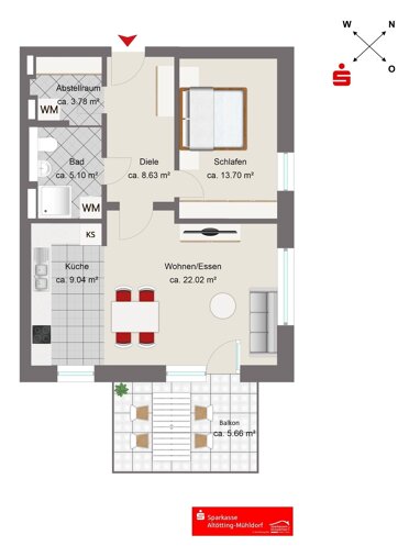 Wohnung zum Kauf Provisionsfrei 369.000 € 2 Zimmer 67,9 m² 5. Geschoss Burghausen Burghausen 84489