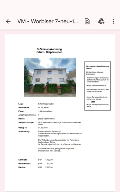 Wohnung zur Miete 1.100 € 3 Zimmer 98 m² 1. Geschoss frei ab sofort Gispersleben Erfurt 99091