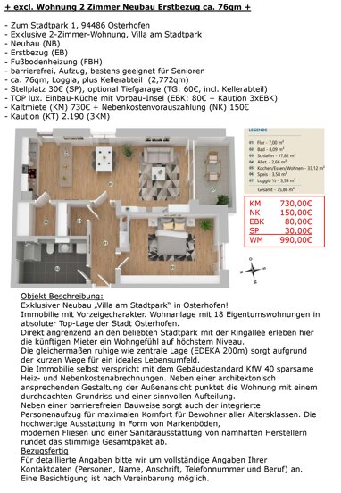 Wohnung zur Miete 730 € 2 Zimmer 76 m² 1. Geschoss Zum Stadtpark 1 Osterhofen Osterhofen 94486