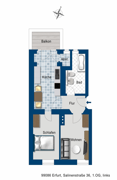Wohnung zur Miete 433,46 € 2 Zimmer 54 m² 1. Geschoss Salinenstr. 36 Ilversgehofen Erfurt 99086