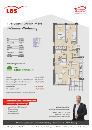Wohnung zur Miete 1.220 € 3 Zimmer 90,1 m² 1. Geschoss Steinhäuserstraße 5b Heidingsfeld Würzburg 97084