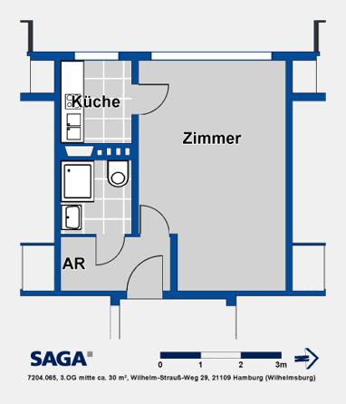 Wohnung zur Miete 272,10 € 1 Zimmer 30,2 m² 3. Geschoss Wilhelm-Strauß-Weg 29 Wilhelmsburg Hamburg 21109