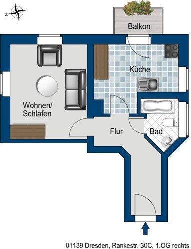 Wohnung zur Miete 338,08 € 1 Zimmer 37,7 m² 1. Geschoss Rankestr. 30C Kaditz (Peschelstr.) Dresden 01139