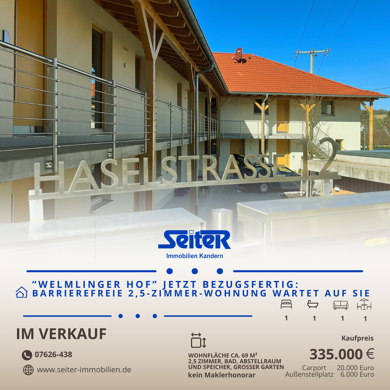 Wohnung zum Kauf - Neubau provisionsfrei 335.000 € 2,5 Zimmer 69 m² EG frei ab sofort Haselstraße 12 Welmlingen Efringen-Kirchen 79588