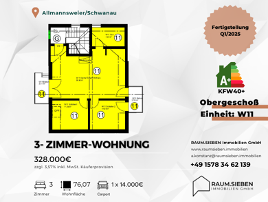 Wohnung zum Kauf 328.000 € 3 Zimmer 76,1 m² 2. Geschoss Allmannsweier Schwanau 77963