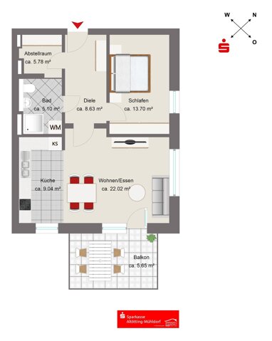 Wohnung zum Kauf Provisionsfrei 349.000 € 2 Zimmer 67,9 m² 2. Geschoss Burghausen Burghausen 84489