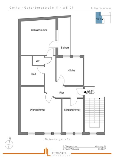 Terrassenwohnung zur Miete 680 € 3 Zimmer 87 m² 1. Geschoss Mitte Gotha 99867