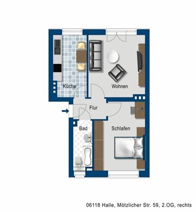 Wohnung zur Miete 425 € 2 Zimmer 47,5 m² 2. Geschoss frei ab 27.01.2025 Mötzlicher Str. 59 Gottfried-Keller-Siedlung Halle (Saale) 06118