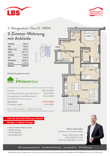 Wohnung zur Miete 1.280 € 3 Zimmer 94,8 m² 1. Geschoss Steinhäuserstraße 3a Heidingsfeld Würzburg 97084