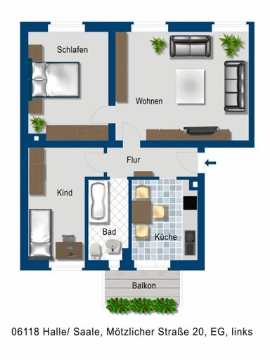 Wohnung zur Miete 600 € 3 Zimmer 67,1 m² frei ab 01.03.2025 Mötzlicher Str. 20 Gottfried-Keller-Siedlung Halle (Saale) 06118