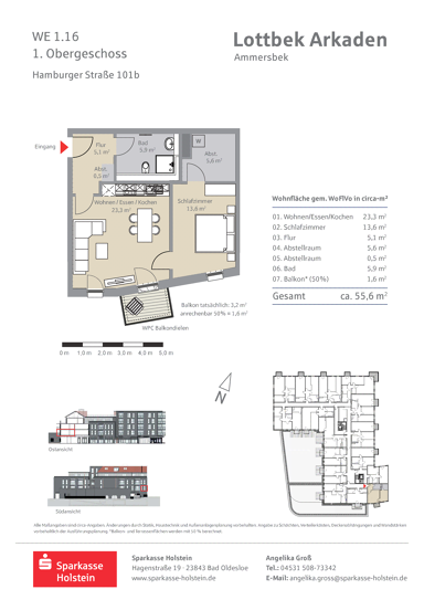 Wohnung zur Miete 862 € 2 Zimmer 55,6 m² Hamburger Straße 101 Ammersbek 22949