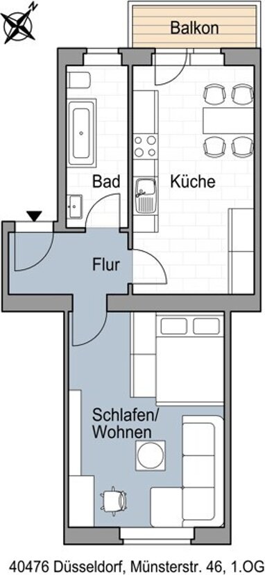 Wohnung zur Miete 609,82 € 1 Zimmer 45,4 m² 1. Geschoss Münsterstr. 46 Derendorf Düsseldorf 40476